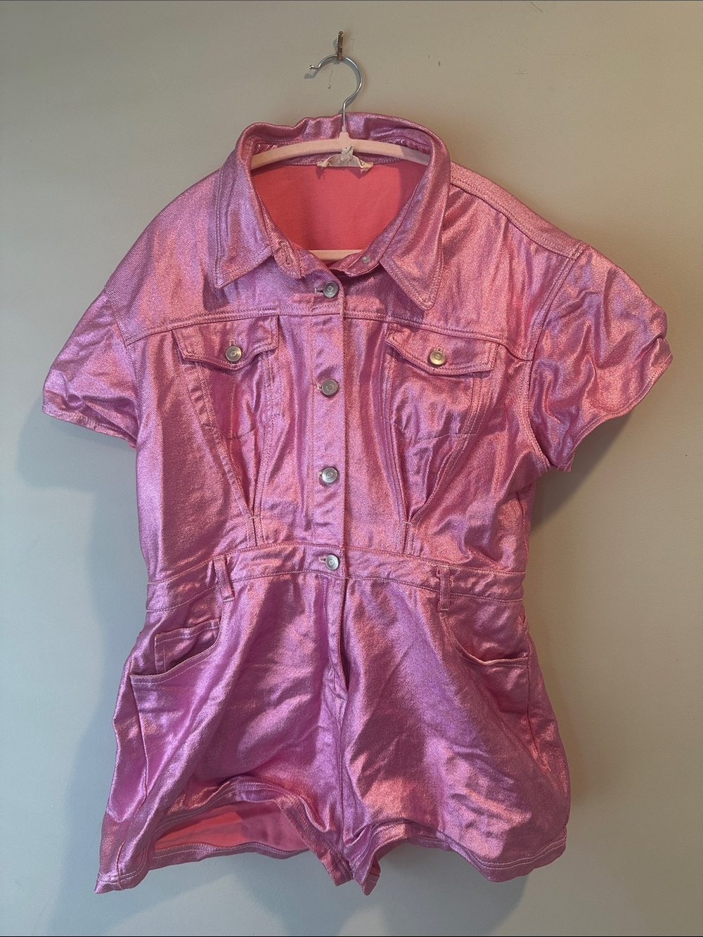 Peach Love California Metallic Bubblegum Pink Short Sleeve Romper